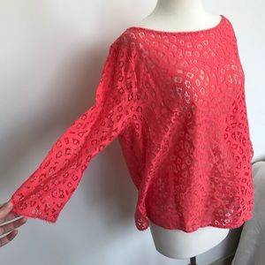 Ann Taylor Loft Coral Mesh Lace 3/4 Sleeve Blouse